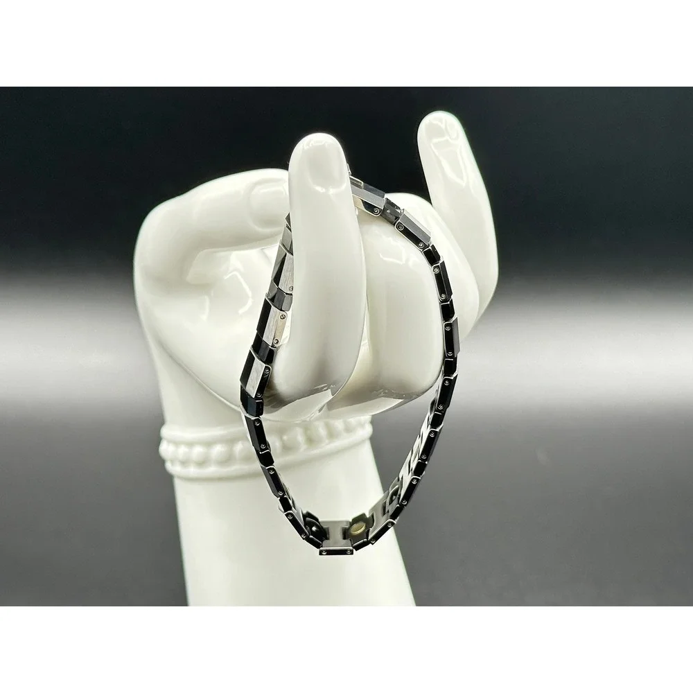 Mens Tungsten Line Bracelet 7 Inch Silver Gunmetal Geometric Link Modernist